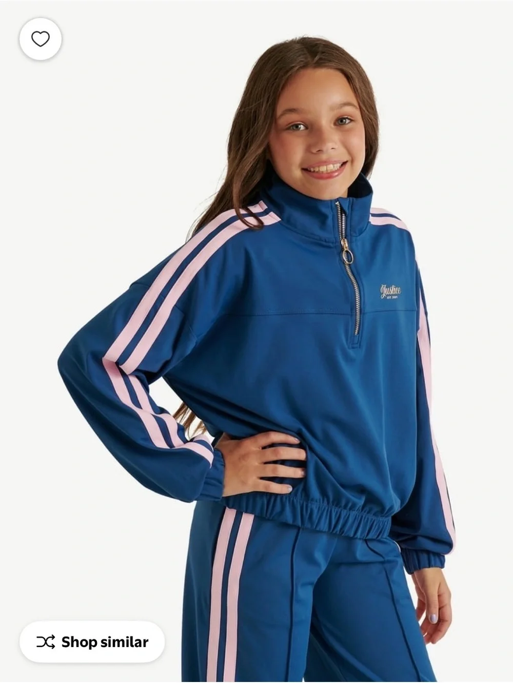 Justice Blue Half-Zip Track Jacket with Pink Stripes